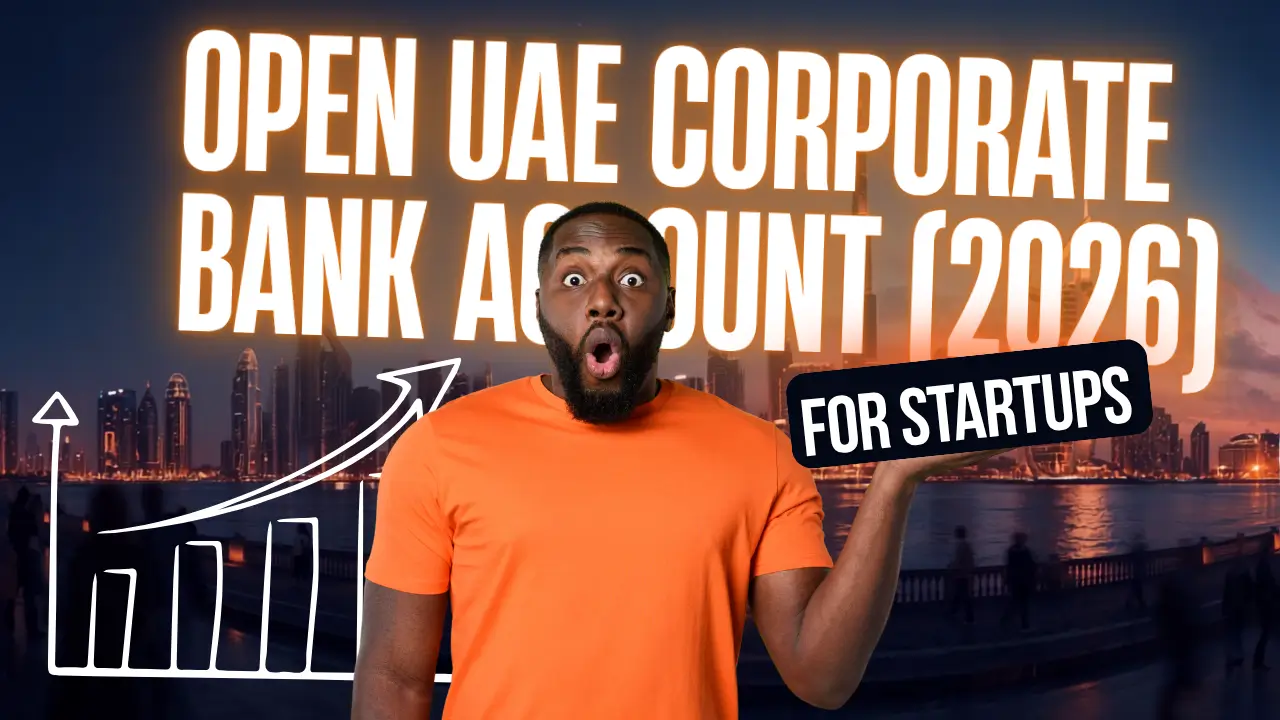 UAE corporate bank account application infographic showing six key review areas: identity, ownership, business activity, account purpose, source of funds, and expected transactions.