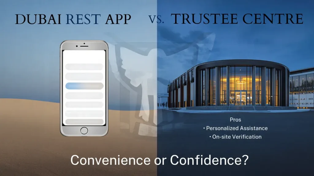 How to Register Ejari Online via the Dubai REST App 2 Comparison table of Dubai REST app versus Trustee Centre Ejari registration, showing advantages and drawbacks side by side.