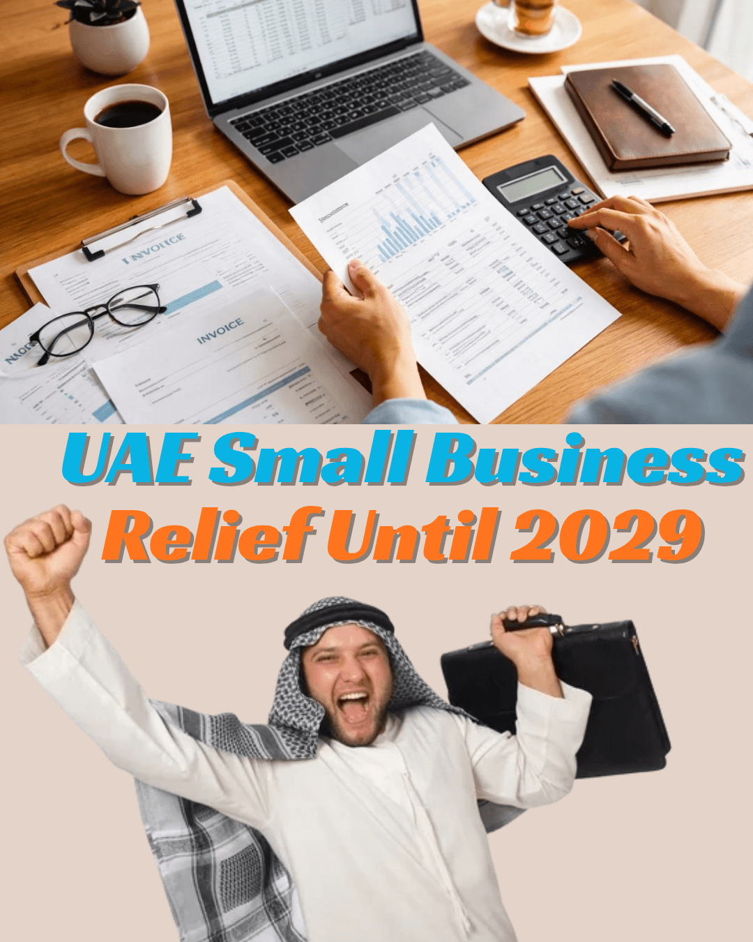 UAE small business owner reviewing revenue records and tax documents.